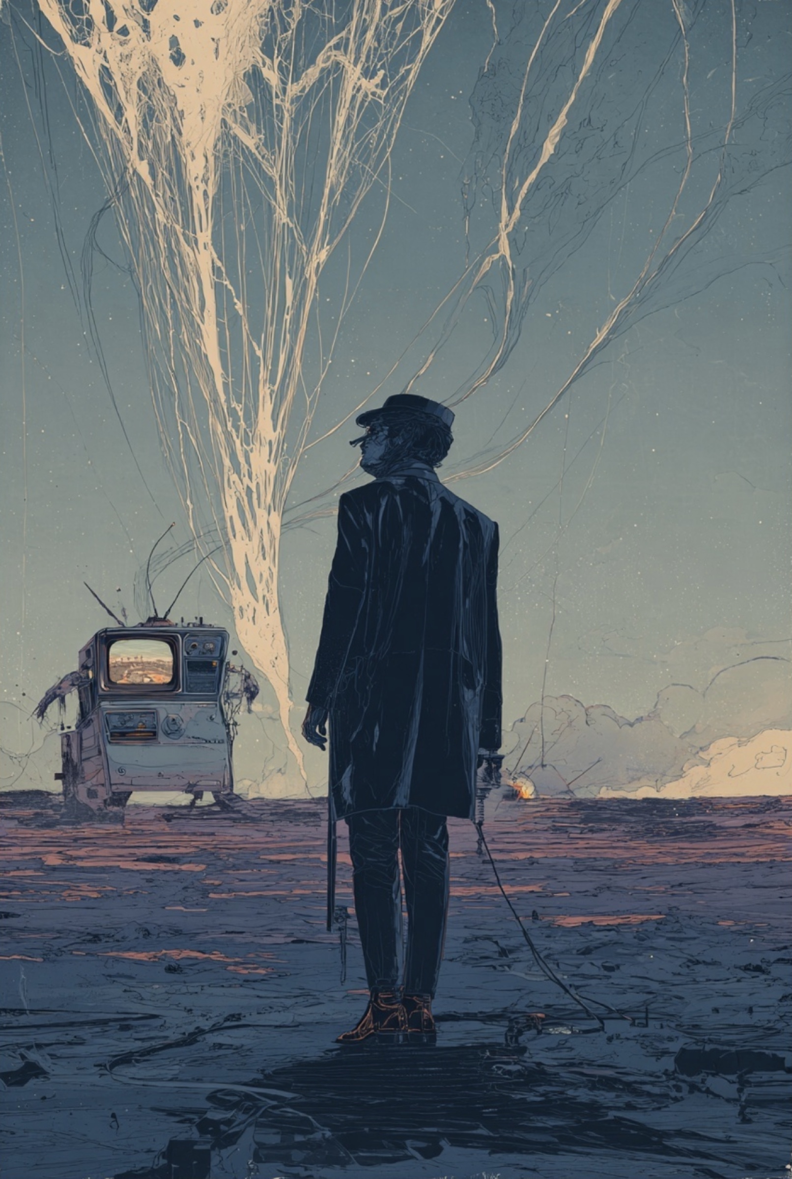 Spif — illustrated poster: lone figure in long coat and top hat under branching white arcs, vintage television in the dirt, dusk sky