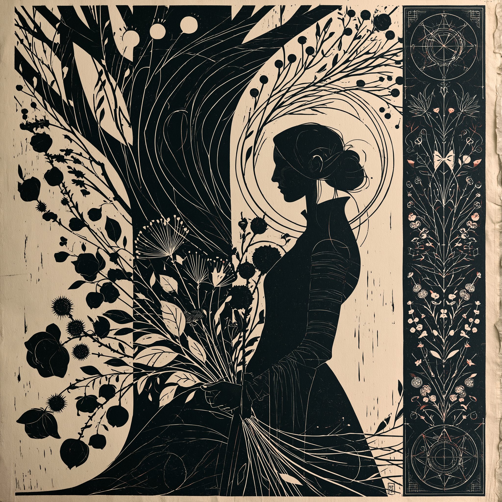 The Spark broadside — linocut figure in profile carrying a bouquet, swirling foliage, decorative botanical border panel