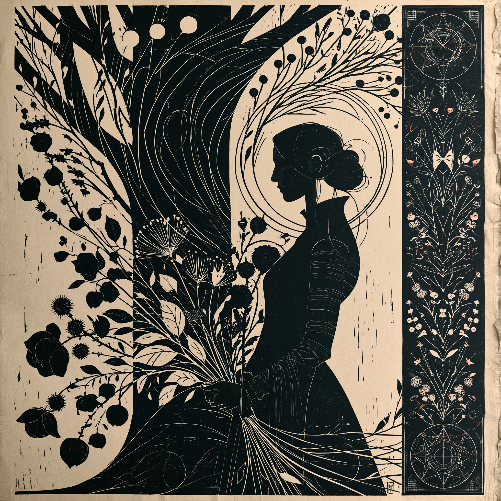 Vox Ignis broadside — linocut figure in profile carrying a bouquet, swirling foliage, decorative botanical border panel