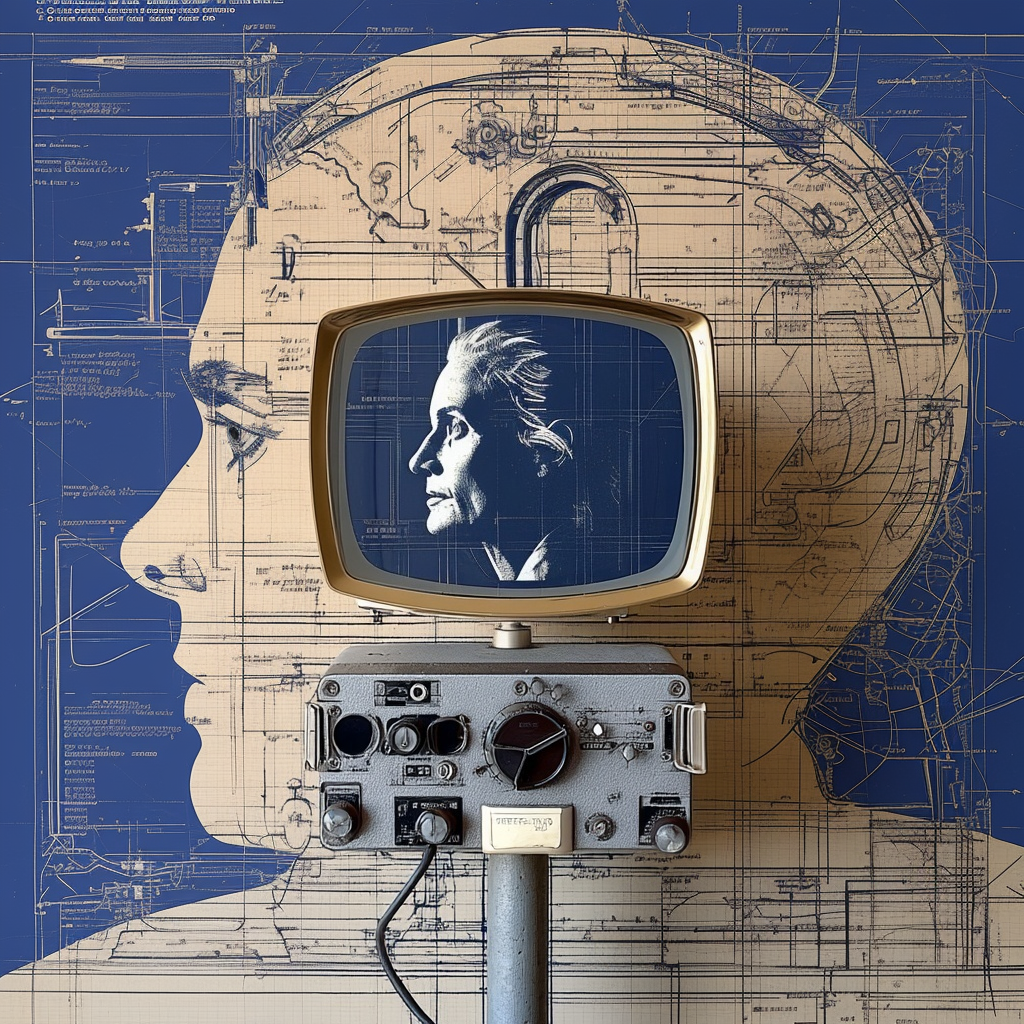 Vox Futuri broadside — deep blue blueprint background with a human side-profile silhouette in cream containing faint technical schematics; centred in the head, a vintage cream television with a brass-gold bezel displays a black-and-white portrait of an older man in three-quarter view; a grey Soviet tank radio control panel sits below the screen